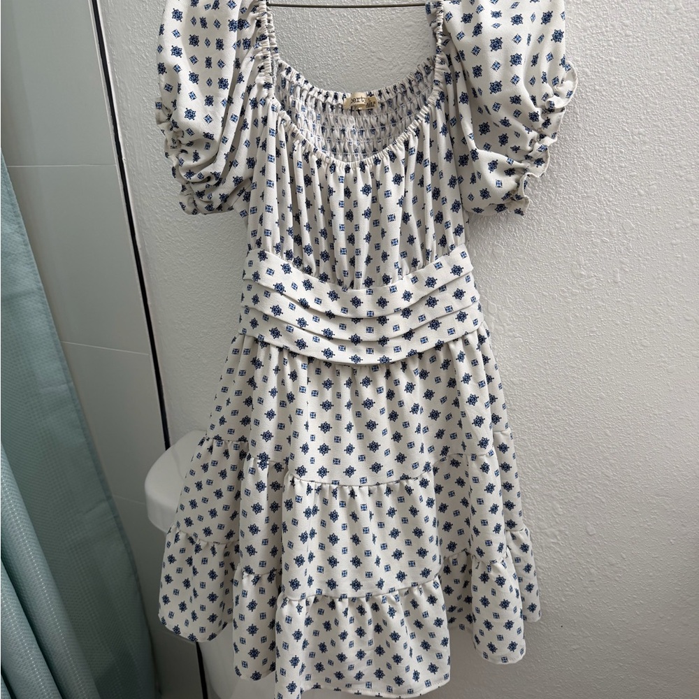 Elegant Blue and White Floral Dress